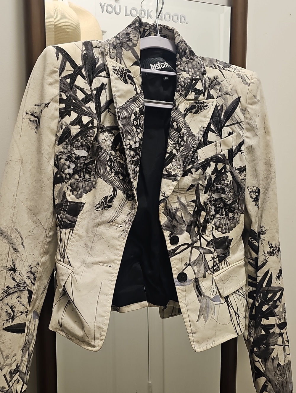 Just Cavalli Cream and Black Botanical-Print Tailored Blazer